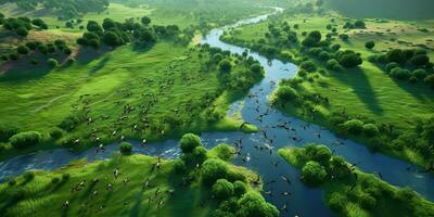 ai gerado. ai generativo. surpreendente aéreo zangão Visão natureza ao ar livre floresta campo Prado com rio e pássaros dentro a céu. gráfico arte foto