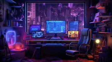 generativo ai, computador em a mesa dentro cyberpunk estilo, nostálgico anos 80, anos 90. néon noite luzes vibrante cores, fotorrealista horizontal ilustração do a futurista interior. tecnologia conceito. foto