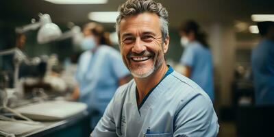 ai gerado. ai generativo. adulto masculino homem médico dentista face retrato às trabalhos lugar. saúde Cuidado hospital Centro. gráfico arte foto