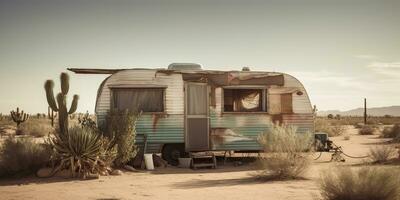 ai gerado. ai generativo. velho metal rústico abandonado vintage campista rv carro casa dentro deserto. aventura fundo estilo de vida. gráfico arte foto