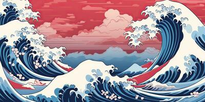 ai gerado. ai generativo.vintage retro velho estilo desenhado pintura mar oceano rio água ondas dentro mínimo japonês estilo. marinho e náutico ilustração. gráfico arte foto