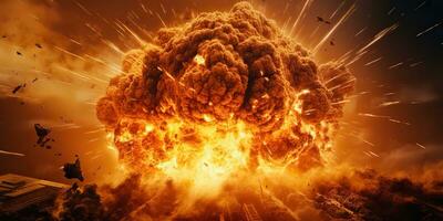 ai gerado. ai generativo. nuclear atômico explosão estrondo cogumelo fogo chama fumaça apocalipse detonação. gráfico arte foto