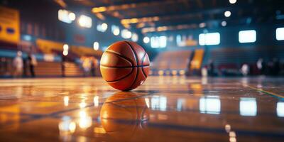 ai gerado. ai generativo. basquetebol jogos esporte arena estádio quadra em Holofote com cesta bola em chão. gráfico arte foto