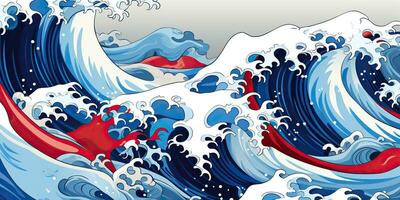 ai gerado. ai generativo.vintage retro velho estilo desenhado pintura mar oceano rio água ondas dentro mínimo japonês estilo. marinho e náutico ilustração. gráfico arte foto