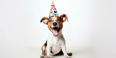 ai gerado. ai generativo. fofa engraçado cachorro animal dentro aniversário festa chapéu celebração. gráfico arte foto