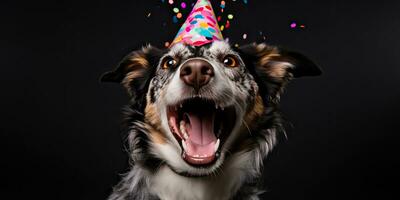 ai gerado. ai generativo. fofa engraçado cachorro animal dentro aniversário festa chapéu celebração. gráfico arte foto