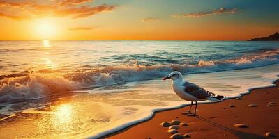 ai gerado. ai generativo. lindo mar náutico pôr do sol de praia ilha com gaivota pássaro. gráfico arte foto