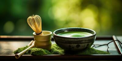 ai gerado. ai generativo. tradicional japonês ásia matcha chá cerimônia. tigela, de madeira seco orgânico colher pó. gráfico arte foto