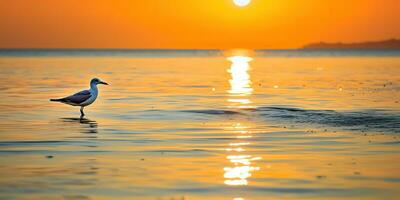 ai gerado. ai generativo. lindo mar náutico pôr do sol de praia ilha com gaivota pássaro. gráfico arte foto