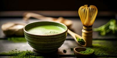 ai gerado. ai generativo. tradicional japonês ásia matcha chá cerimônia. tigela, de madeira seco orgânico colher pó. gráfico arte foto