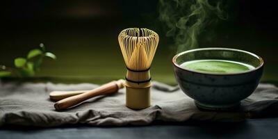 ai gerado. ai generativo. tradicional japonês ásia matcha chá cerimônia. tigela, de madeira seco orgânico colher pó. gráfico arte foto