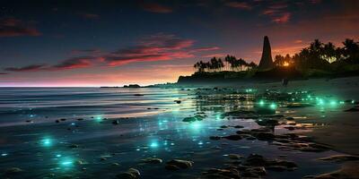 ai gerado. ai generativo. noite brilhando luz brilho plâncton mar oceano fundo. marinho náutico período de férias ilha. gráfico arte foto