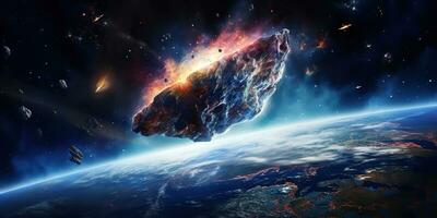 ai gerado. ai generativo. galáxia exterior espaço vôo asteróide universo galáxia Perigo catástrofe. gráfico arte foto
