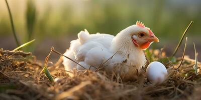 ai gerado. ai generativo. orgânico eco frango galo e ovo às campo Fazenda fundo. gráfico arte foto