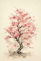 generativo ai, lindo japonês sakura árvore, aguarela pintura, vintage ásia poster foto