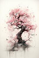 generativo ai, lindo japonês sakura árvore, aguarela pintura, vintage ásia poster foto