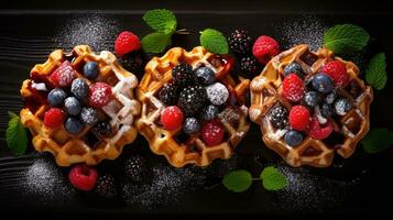 generativo ai, sortido Belga waffles com fruta e xarope, doce cozido sobremesa foto