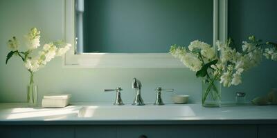 ai gerado. ai generativo. branco moderno mínimo branco luxo Pia banheiro cozinha com espelho e plantar flor. gráfico arte foto