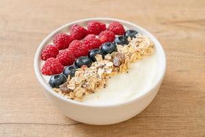 tigela de iogurte caseiro com framboesa, mirtilo e granola - estilo de comida saudável foto