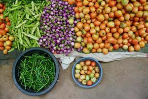 tomates, berinjelas redondas roxas, pimentões verdes, feijão alado na folha e na bacia estavam à venda no mercado