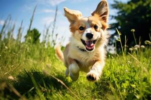 corgi cachorro corrida em a verde Relva dentro verão ensolarado dia, fofa cachorro corrida dentro a verde Relva em uma ensolarado verão dia, ai gerado foto