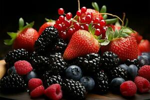 vibrante fruta festa, cerejas, amoras, morangos, romã, Amora silvestre graça de madeira mesa ai gerado foto