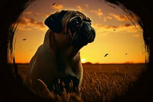 uma pug cachorros silhueta contra uma pôr do sol, digitalmente rendido com calor ai gerado foto