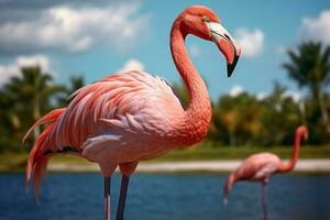 uma Rosa flamingo com grandes pescoço passeios dentro exótico Palmeiras ai gerado foto