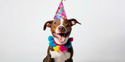 ai gerado. ai generativo. fofa engraçado cachorro animal dentro aniversário festa chapéu celebração. gráfico arte foto