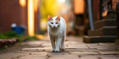 ai gerado. ai generativo. 1 solitário gato animal caminhando rua cidade urbano fundo. gráfico arte foto