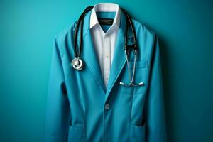 estetoscópio adornado médicos terno pendurado elegantemente azul pano de fundo, perfeito médico modelo com copyspace ai gerado foto
