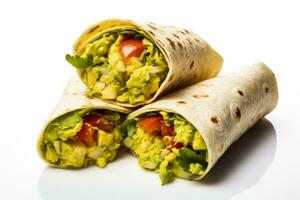 feito à mão café da manhã burritos com fresco guacamole e salsa isolado em uma branco fundo foto