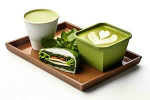 matcha café com leite e japonês café da manhã bento em lacado bandeja isolado em uma branco fundo foto