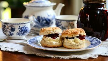 pitoresco café da manhã configuração com caseiro scones coagulado creme geléia em vintage China foto