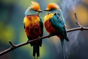 dois pássaros empoleirado harmoniosamente juntos em uma árvore ramo ai gerado foto