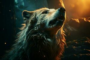 ilustrativo Lobo uivando debaixo cheio lua, criando uma místico e cativante atmosfera ai gerado foto
