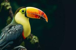 vibrante tucano em repouso em uma ramo dentro uma verdejante floresta ai gerado foto