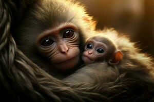 mãe macaco nutre criança, resumindo amor para família títulos ai gerado foto