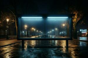 escurecido pausa, em branco Painel publicitário às ônibus Pare iluminado, preparado para noite Mensagens ai gerado foto