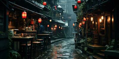 ai gerado. ai generativo. tradicional japonês cidade Cidade caminhando rua noite vida dentro chuva tempo. paisagem urbana aventura viagem explorar. gráfico arte foto