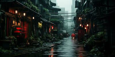 ai gerado. ai generativo. tradicional japonês cidade Cidade caminhando rua noite vida dentro chuva tempo. paisagem urbana aventura viagem explorar. gráfico arte foto