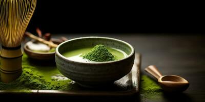 ai gerado. ai generativo. tradicional japonês ásia matcha chá cerimônia. tigela, de madeira seco orgânico colher pó. gráfico arte foto