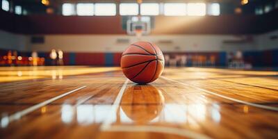 ai gerado. ai generativo. basquetebol jogos esporte arena estádio quadra em Holofote com cesta bola em chão. gráfico arte foto