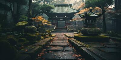 ai gerado. ai generativo. tradicional história ásia japonês chinês têmpora construção torre jardim natureza ao ar livre fundo. gráfico arte foto