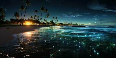 ai gerado. ai generativo. noite brilhando luz brilho plâncton mar oceano fundo. marinho náutico período de férias ilha. gráfico arte foto