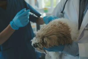 veterinario examinando cachorro e gato. cachorro e gatinho às veterinário doutor. animal clínica. animal Verifica acima e vacinação. saúde Cuidado. foto