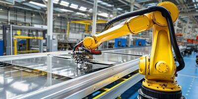 ai gerado. ai generativo. mecânico futuro inovação robô braço mão fábrica indústria construção automação processo. gráfico arte foto