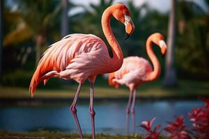 uma Rosa flamingo com grandes pescoço passeios dentro exótico Palmeiras ai gerado foto