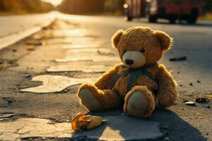 abandonado Urso de pelúcia descansos em rua perdido, uma símbolo do infância ai gerado foto