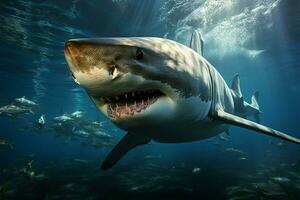 oceano profundidades revelar par do tubarões dentro elegante aquático balé ai gerado foto